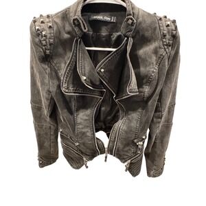 Lookbook Store Womens Studded Acid Wash Denim Moto Jacket Gray Black Size 8 M